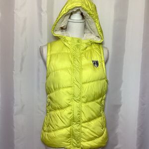 American Eagle Outfitters Puffer Vest Womens Medium Yellow Hood Faux Fur Lined